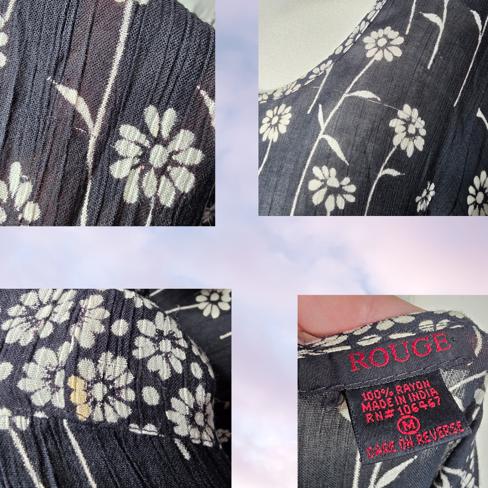 Rouge Black White Daisy Floral 100 Rayon Puff Sleeve Tie Waist Maxi Dress Size M - Picture 6 of 6
